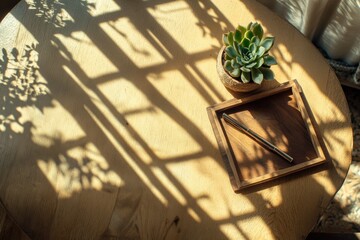 Wooden Table with Succulent, Pen, and Sunlight Shadows