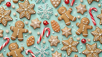 A Whimsical Winter Wonderland of Gingerbread Delights: A Seamless Pattern Featuring Festive Cookies and Sparkling Snowflakes Generative AI