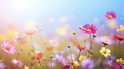 Sunlit Field of Colorful Cosmos Flowers