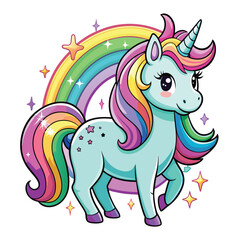 Cute magical unicorn and raibow. Print for t-shirt or sticker. Vector design isolated on white background. Romantic hand drawing illustration for children
