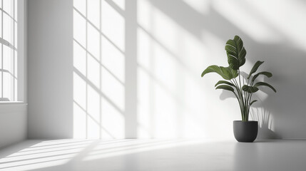 Fototapeta premium Minimalist interior design with white sunlit wall, potted decorative houseplant and shadows on a wall