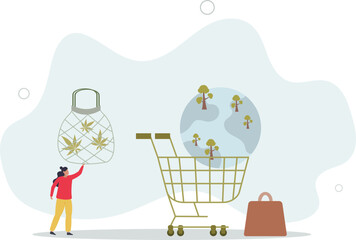 Eco friendly consumer with sustainable shopping habits .Environmental care with reusable and green product choices .flat design with people.