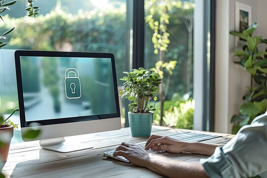 Computer with padlock icon, hand typing on keyboard.