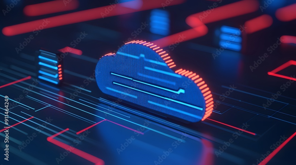 Poster a futuristic digital cloud computing concept with neon lights and circuit lines representing data tr