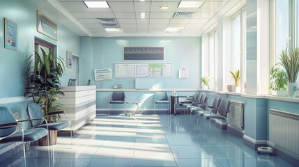 Blue Waiting Area with Reception Desk and Plants
