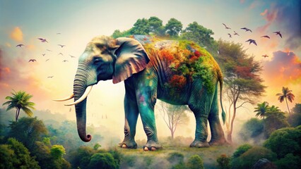 Colorful double exposure of elephant surrounded by jungle flora and birds, elephant, double exposure, colorful, jungle, flora