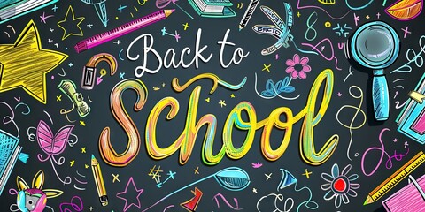 A colorful "Back to School" themed illustration on a chalkboard 