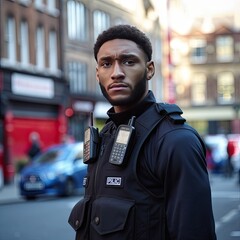 Police Officer in Black Uniform on City Street