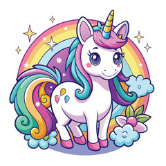Cute magical unicorn and raibow. Print for t-shirt or sticker. Vector design isolated on white background. Romantic hand drawing illustration for children