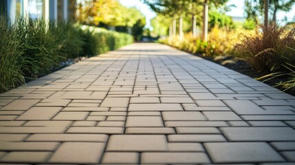 Fototapeta premium Concrete paver blocks on a walkway, highlighting the neat and uniform pattern of the paving.
