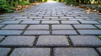 Concrete paver blocks on a walkway, highlighting the neat and uniform pattern of the paving.