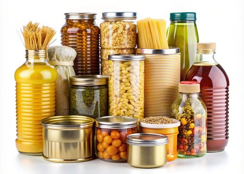 Assorted non-perishable food items, including pasta, canned goods, and cooking oil, neatly arranged on a white background, highlighting charitable donation and storage.
