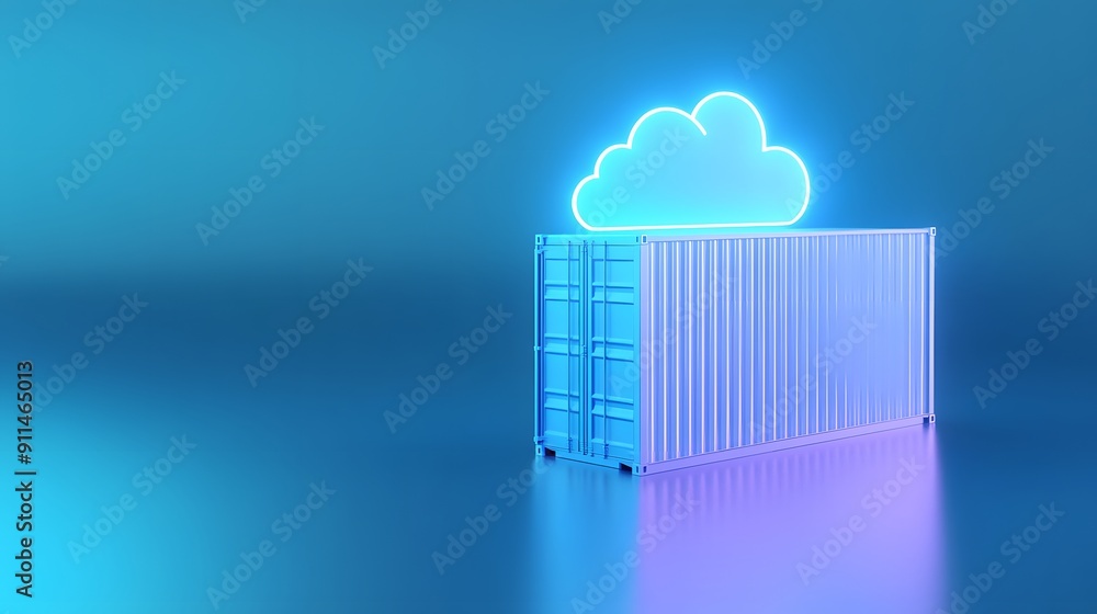 Poster a glowing cloud icon above a shipping container on a gradient blue background, representing cloud co