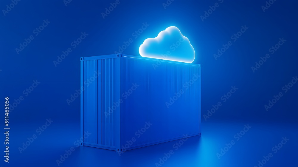 Poster a glowing neon cloud symbol above a shipping container, representing cloud computing and data storag
