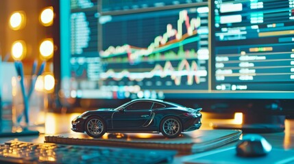 Business environment with a car model, stock market reports, and a computer screen displaying financial data