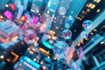 Fototapeta premium Colorful Bubbles Floating in Urban Cityscape, The State of the Dollar Bubble