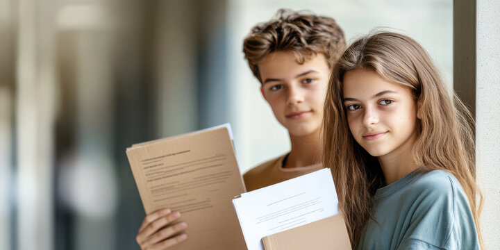 Female students and their male friends show their learning documents. Generative AI