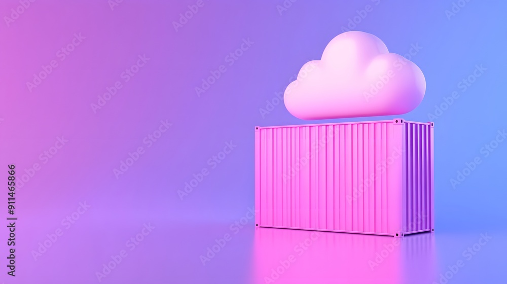 Aufkleber a pink shipping container with a cloud on top, set against a gradient blue and purple background, sy