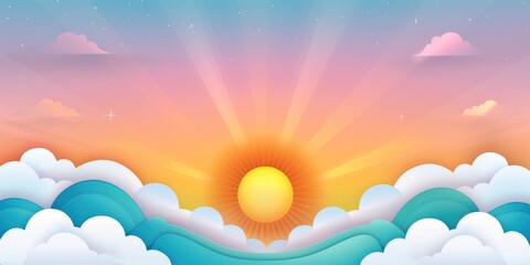 Fototapeta premium Blue sky with sun and clouds background, bright and sunny day. Sunbeams shining through the white clouds.
