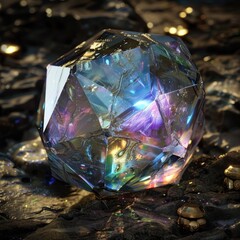 Iridescent Crystal on Black Surface with Gold Accents