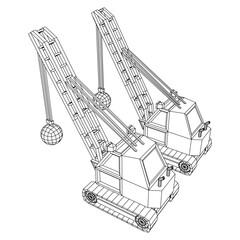 Wrecking ball excavator, demolition crane machine. Wireframe low poly mesh vector illustration