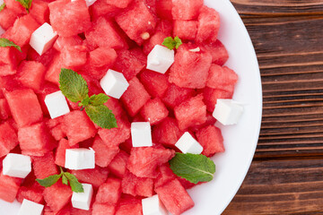 Summer watermelon salad with feta cheese and mint