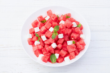 Summer watermelon salad with feta cheese and mint