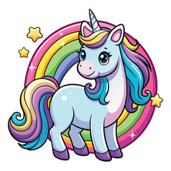 Cute magical unicorn and raibow. Print for t-shirt or sticker. Vector design isolated on white background. Romantic hand drawing illustration for children