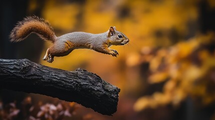 Fototapeta premium A squirrel is captured in mid-air during a leap between tree branches in a forest, surrounded by vibrant autumn colors, highlighting its agility and the beauty of nature.