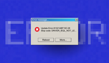 Critical Error Warning Message Window. BSOD Blue Screen of Death Concept. Server Update Error Global Outage. Vintage User Interface Operating System Fail. Vector Illustration.
