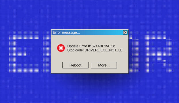 Critical Error Warning Message Window. BSOD Blue Screen of Death Concept. Server Update Error Global Outage. Vintage User Interface Operating System Fail. Vector Illustration.