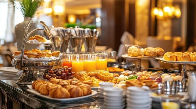 Elegant breakfast table in a luxury hotel buffet: fresh pastries, orange juice, eggs, and a variety of morning delights.