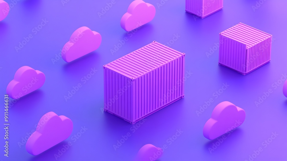 Poster abstract 3d illustration of purple shipping containers and cloud icons on a blue background, represe