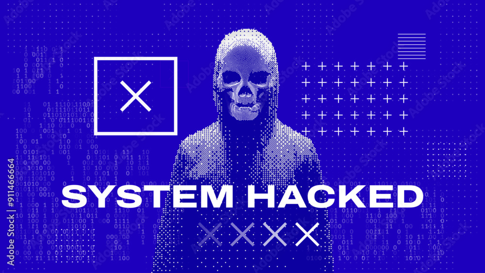 Poster Hacker Silhouette on Blue BSOD Screen. System Hacking Cyber Attack. Global Outage Malware Attention Sign. Computer Hacked Error Concept. Vector Illustration.