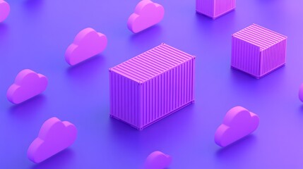 Fototapeta premium Abstract 3D illustration of purple shipping containers and cloud icons on a blue background, representing cloud computing and data storage.