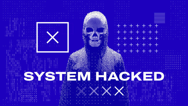 Hacker Silhouette on Blue BSOD Screen. System Hacking Cyber Attack. Global Outage Malware Attention Sign. Computer Hacked Error Concept. Vector Illustration.