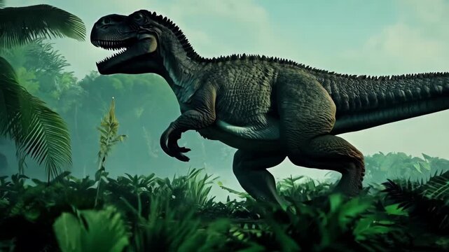 Prehistoric dinosaur era. Jurassic period park. Ancient extinct animal. Wild dangerous dino with sharp teeth. Big scary tyrannosaurus tropical jungle. Wildlife many years ago. Powerful predator walk.