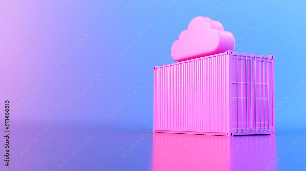 Poster abstract 3d rendering of a pink container with a cloud symbol on top against a blue and purple gradi