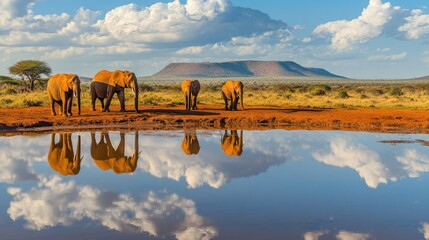 Elephants at a waterhole in Tsavo East National Park, Kenya, with their reflections visible in the water and the surrounding landscape.