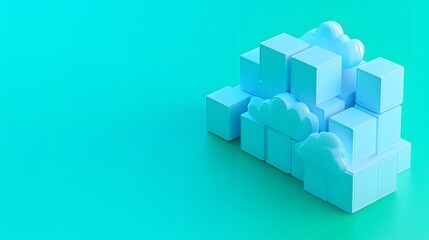Obraz premium Abstract 3D rendering of blue cubes and clouds on a vibrant turquoise background, representing cloud computing and modern technology.
