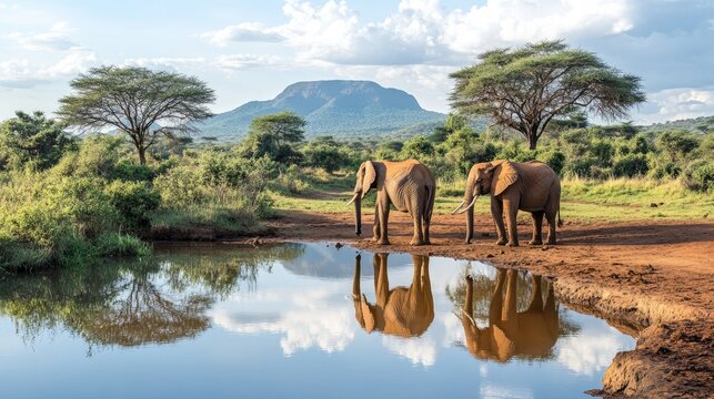 Fototapeta Elephants at a waterhole in Tsavo East National Park, Kenya, with their reflections visible in the water and the surrounding landscape.