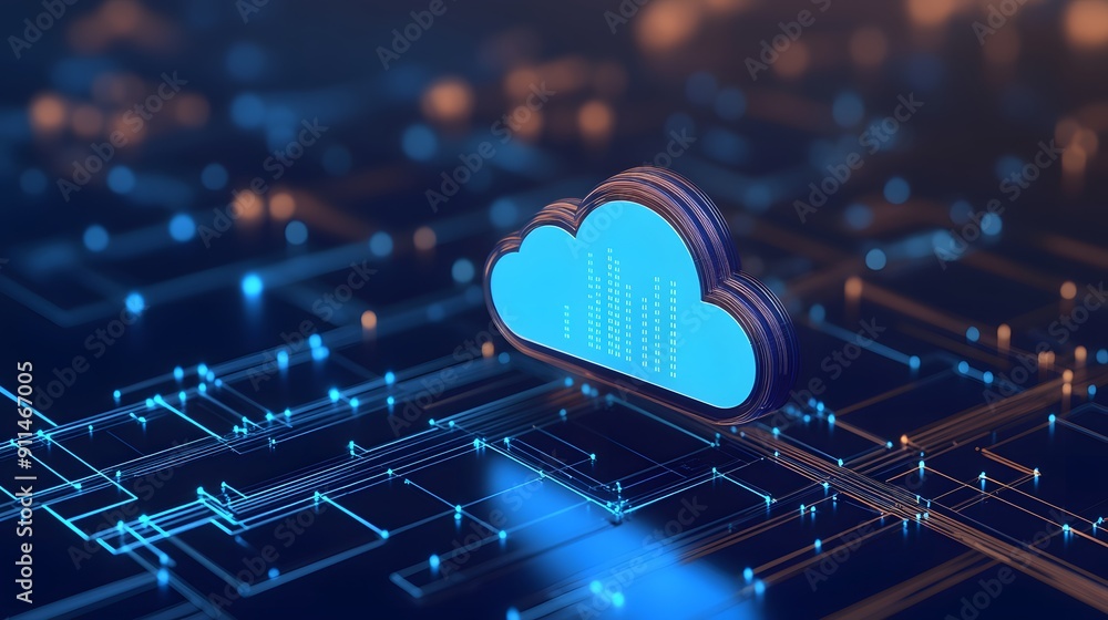 Poster abstract cloud computing technology concept in a digital network environment, depicting data storage