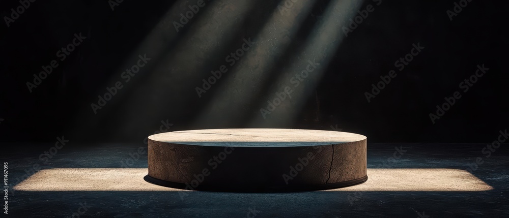 Poster a broken yet minimal empty solid stage pedestal stands under sunlight filtering through