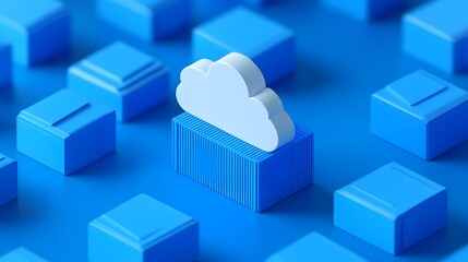 Fototapeta premium Abstract concept of cloud computing model represented by a distinctive cloud icon among blue cubes, signifying modern data storage technology.