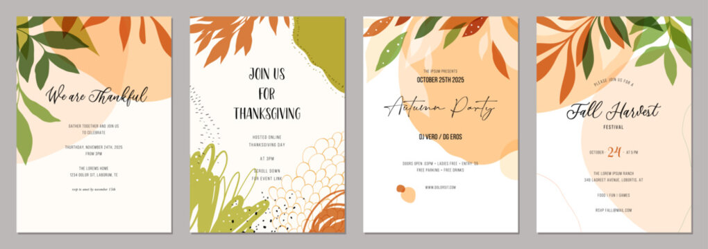 Trendy abstract templates in warm colors, perfect for fall wedding, birthday and thanksgiving invitations, menus and baby showers. Vector illustration with leaves, floral and geometric elements.