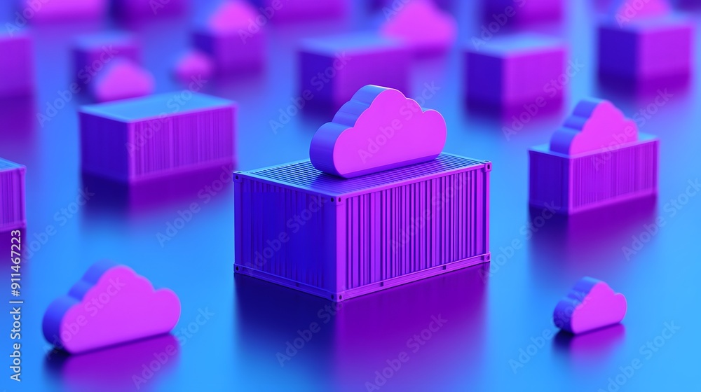 Poster abstract concept of cloud computing with containers and purple clouds, representing data storage and