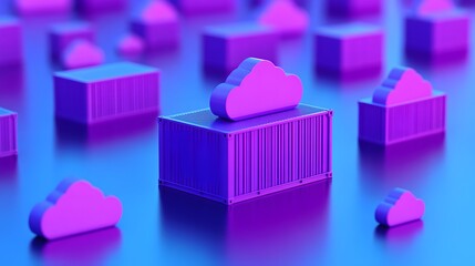 Fototapeta premium Abstract concept of cloud computing with containers and purple clouds, representing data storage and technology innovation.