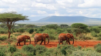 Fototapeta premium Elephants in Tsavo West National Park, Kenya, with a backdrop of red earth and acacia trees, capturing their natural habitat.