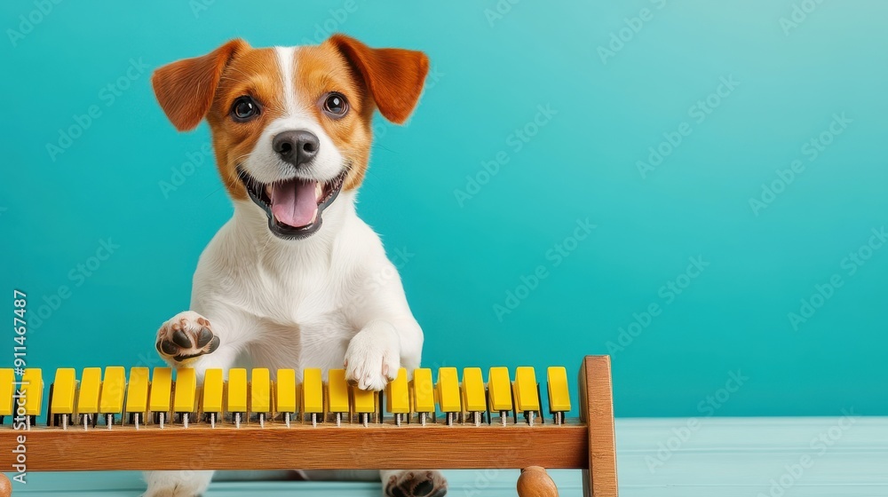 Wall mural A photo of a dog happy playing a marimba, isolated on a light teal background