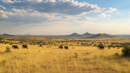 Obraz premium Elephants moving through the vast expanse of Tsavo West, Kenya, with distant hills and open grasslands in the background.